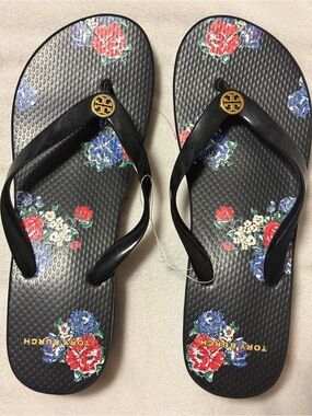 Tory Burch Black Floral Jelly Flip-Flops with Gold Logo NWOT